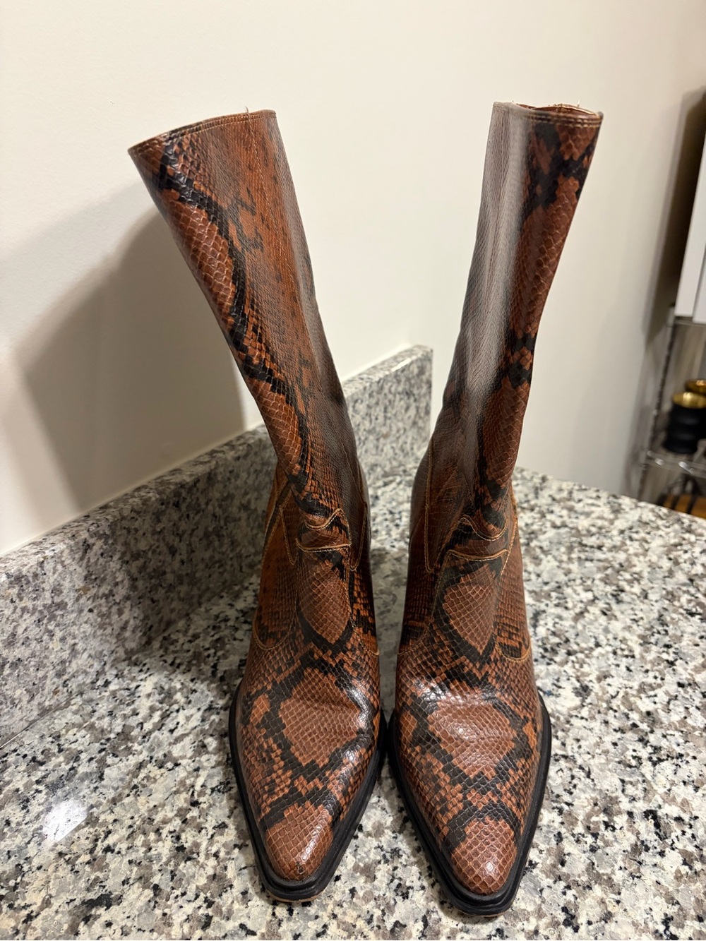 Franco Sarto Brown Snake-Print Pointed Toe Heeled Boots